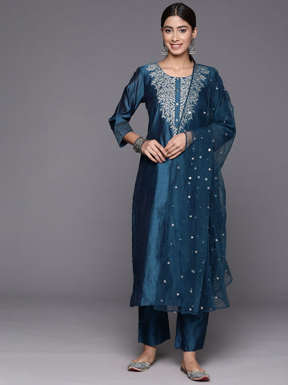 Dhiyona VA Women'sFloral zari Embroidered Chanderi Silk Kurta with Trousers & Dupatta
