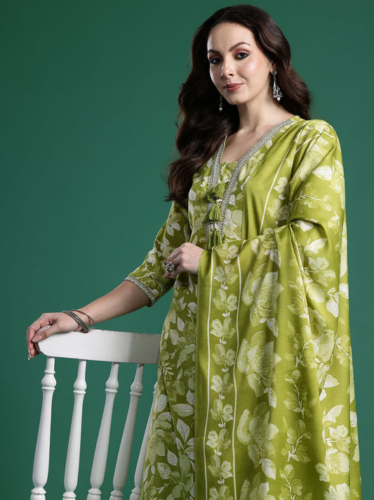 Dhiyona IE Women Floral Printed Regular Beads and Stones Kurta with Trousers & With Dupatta