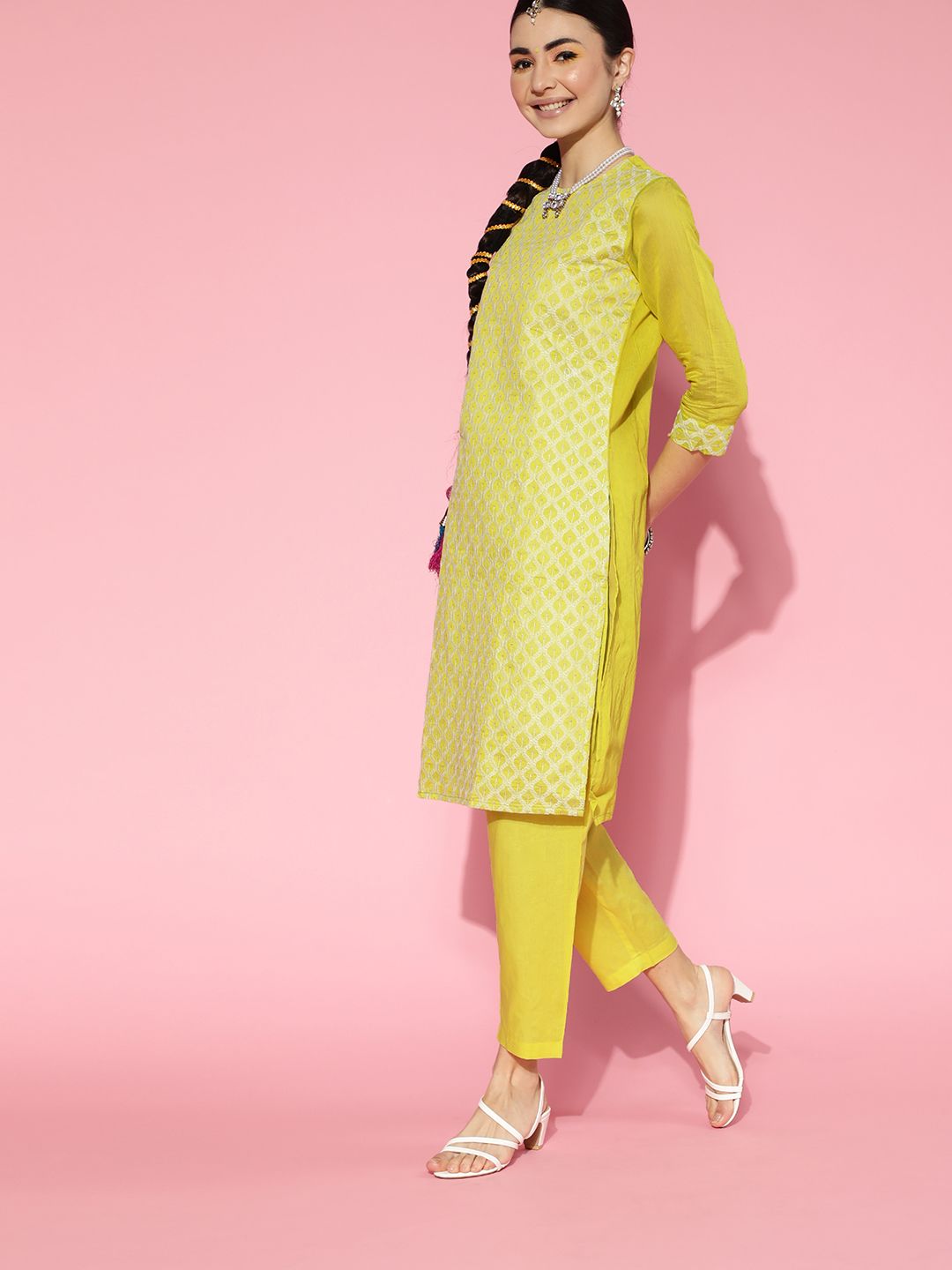 Women Olive Green Embroidered Regular Sequinned Chanderi Cotton Kurta with Trousers & With Dupatta