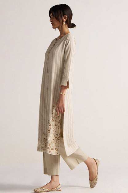Women's Beige and White Stripe Cotton Linen Co-ord Set