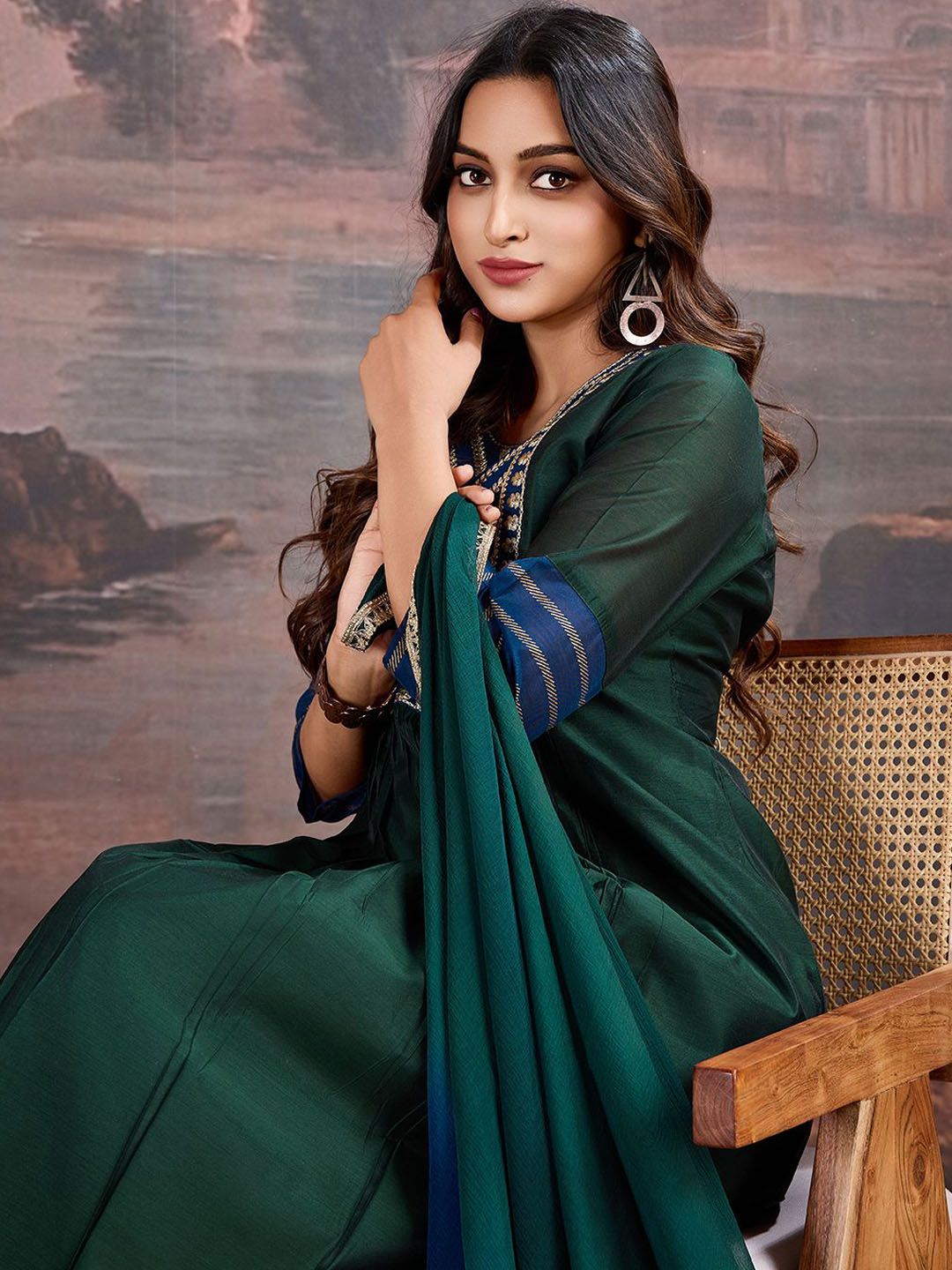 Dhiyona PD Women Floral Yoke Design Sequinned A-Line Kurta & Trousers With Dupatta