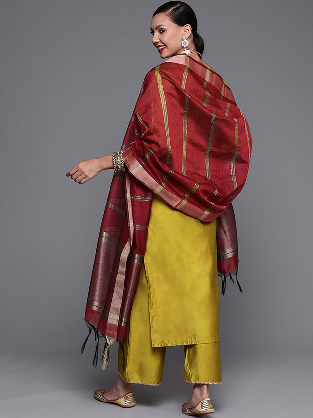 Dhiyona IE Mustard Yellow & Maroon Yoke Design Liva Kurta with Trousers & Dupatta