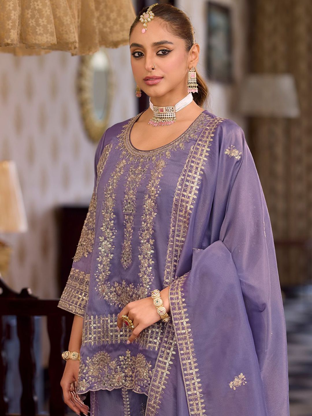 Women Ethnic Motifs Embroidered Regular Sequinned Kurta with Palazzos & With Dupatta