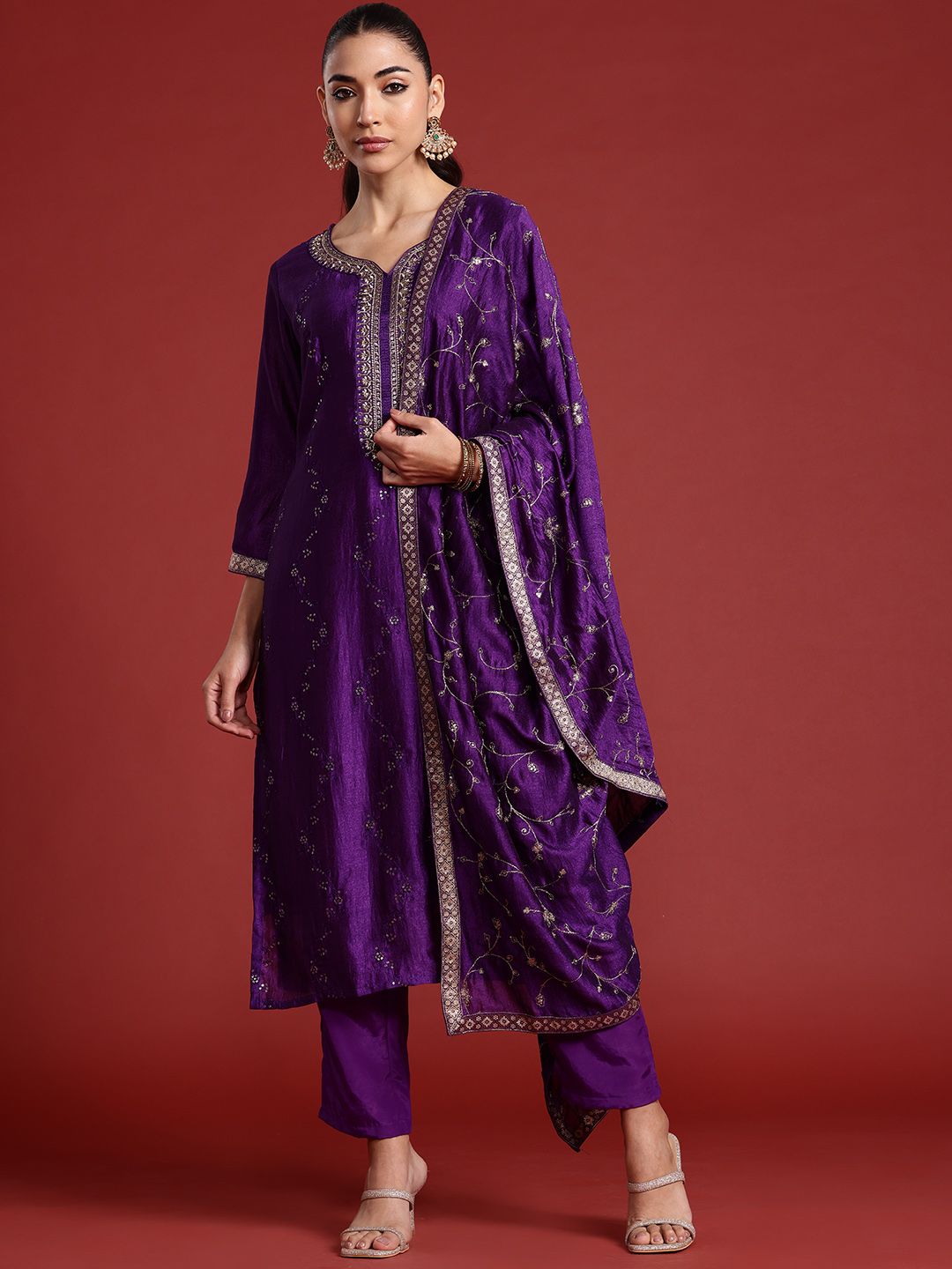Dhiyona IE Floral Embroidered Sequinned Kurta With Trousers & Dupatta