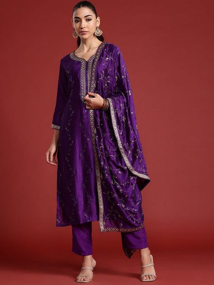 Dhiyona IE Floral Embroidered Sequinned Kurta With Trousers & Dupatta