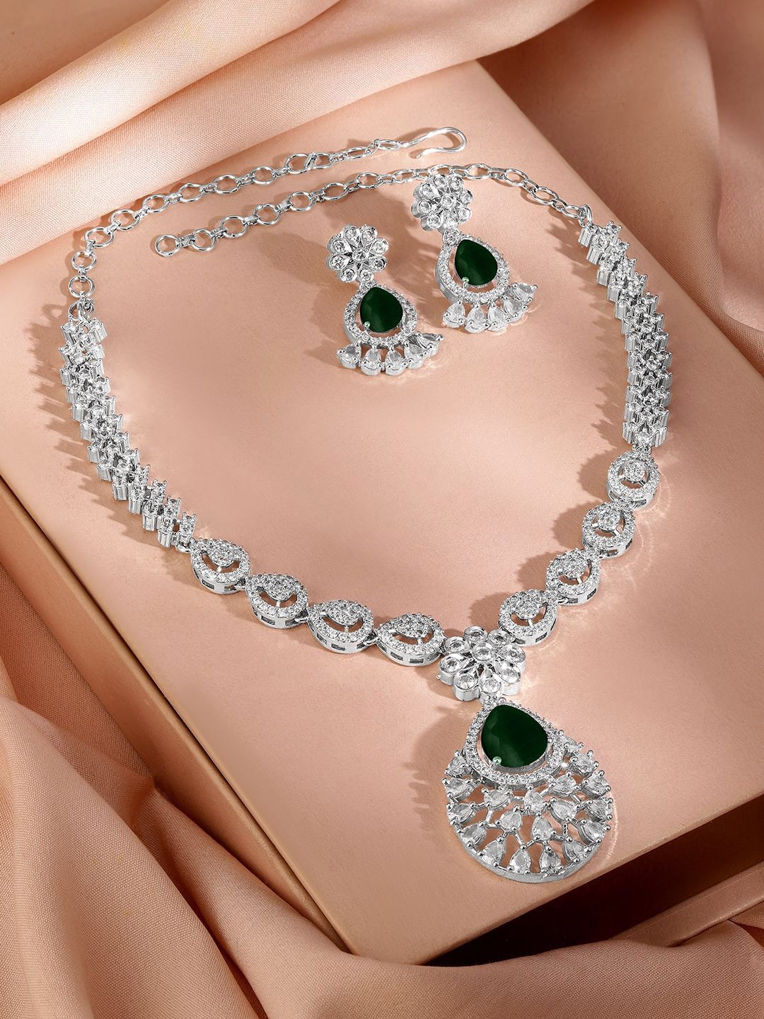 Dhiyona RJ Women's Rhodium-Plated Emerald Green Cubic Zirconia Studded Statement Necklace Set