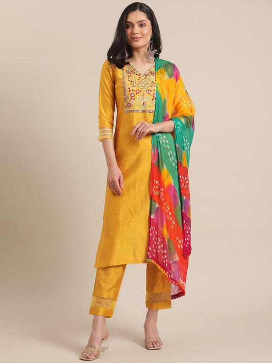 Dhiyona VA Women's Mustard Yellow Floral Embroidered Empire Thread Work Kurta with Trousers & With Dupatta