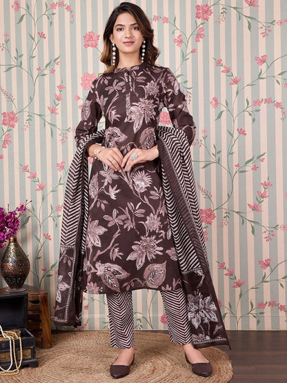 Dhiyona OD  Floal Printed Regular Pure Cotton Kurta with Trousers & Dupatta