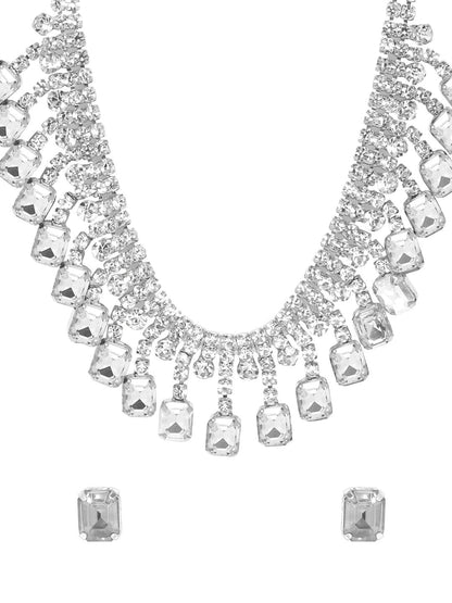 Dhiyona RJ Women's Women Rhodium Plated Crystal White AD & Cubic Zirconia Studded Jewellery Set