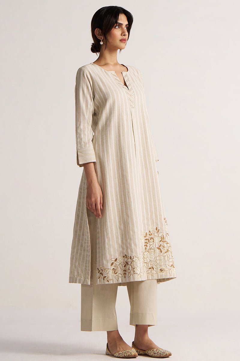 Women's Beige and White Stripe Cotton Linen Co-ord Set