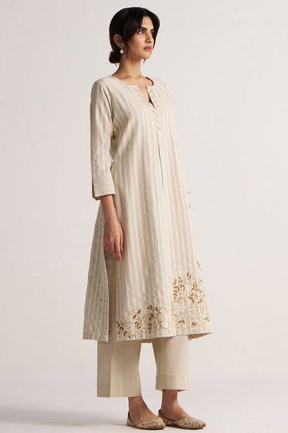 Women's Beige and White Stripe Cotton Linen Co-ord Set