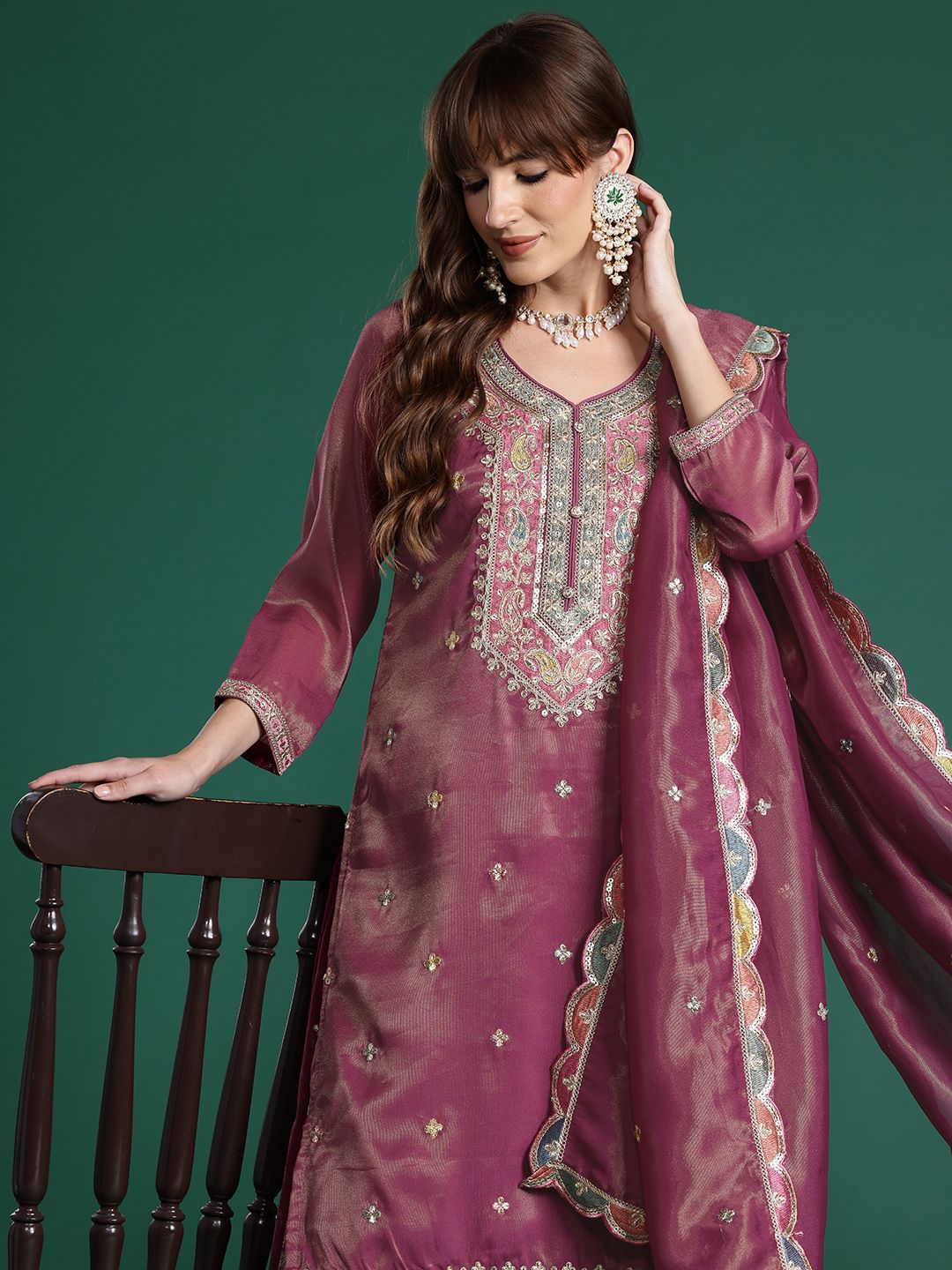 Ethnic Motifs Embroidered Sequinned Kurta with Palazzos & Dupatta