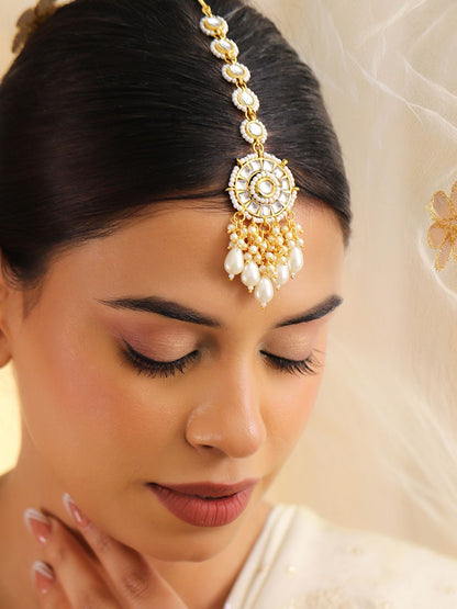 Dhiyona RJ Women's 18K Gold-Plated Kundan & Pearl Beaded Maang Tikka Head Jewellery