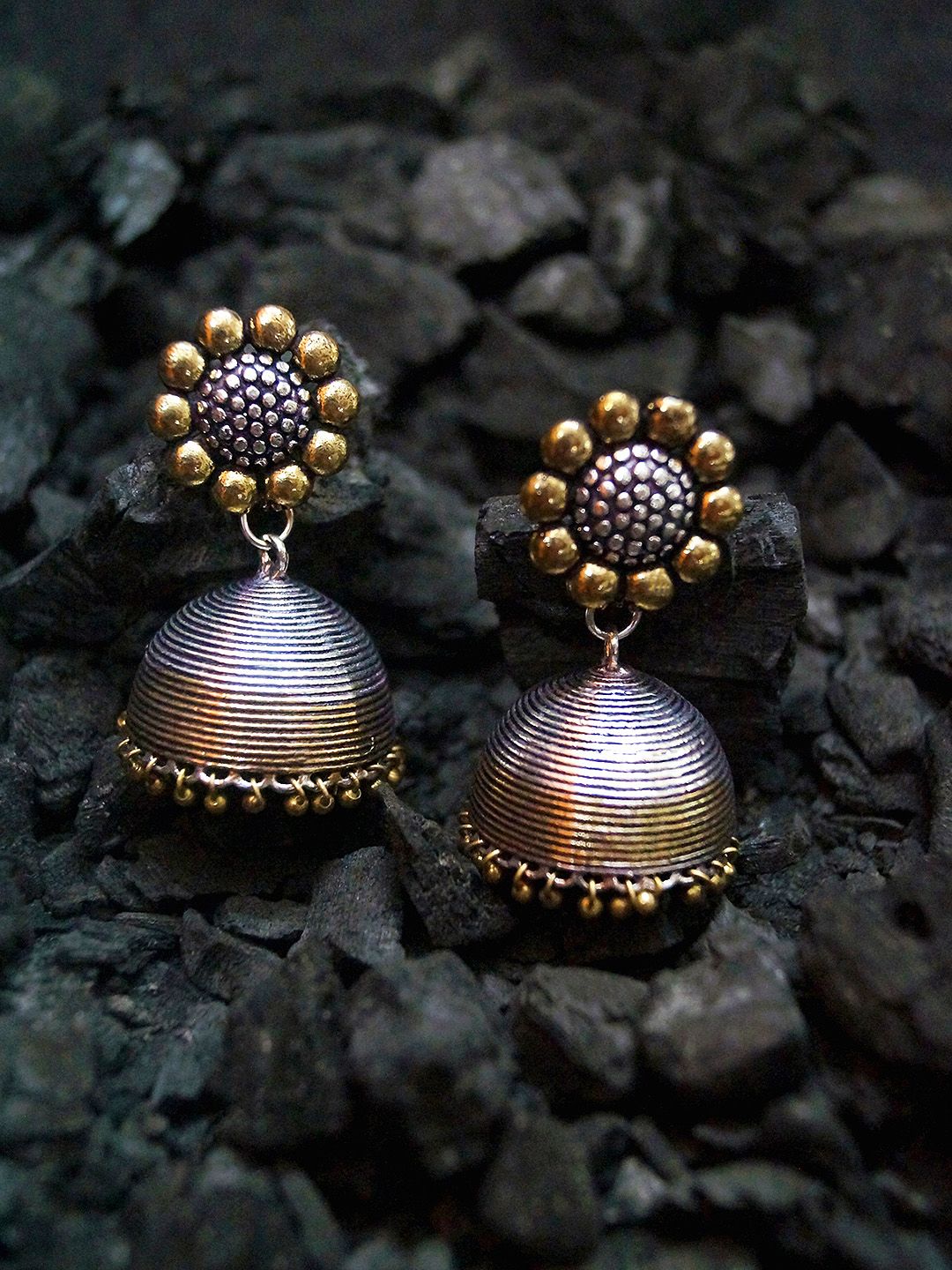Dhiyona RJ Women's Oxidised Antique Silver & Gold Toned Flower Detailed Dome Shaped Jhumka Earrings