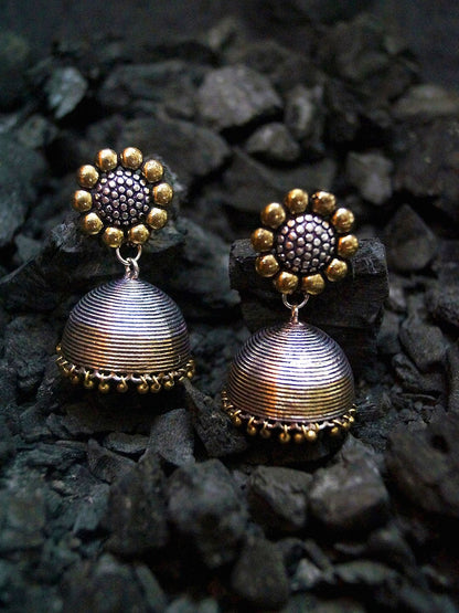 Dhiyona RJ Women's Oxidised Antique Silver & Gold Toned Flower Detailed Dome Shaped Jhumka Earrings