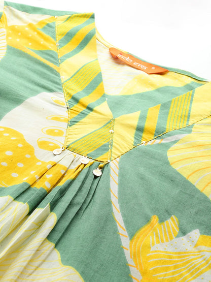 Dhiyona IE Floral Printed Pleated Sequinned Pure Cotton Kurta with Palazzos