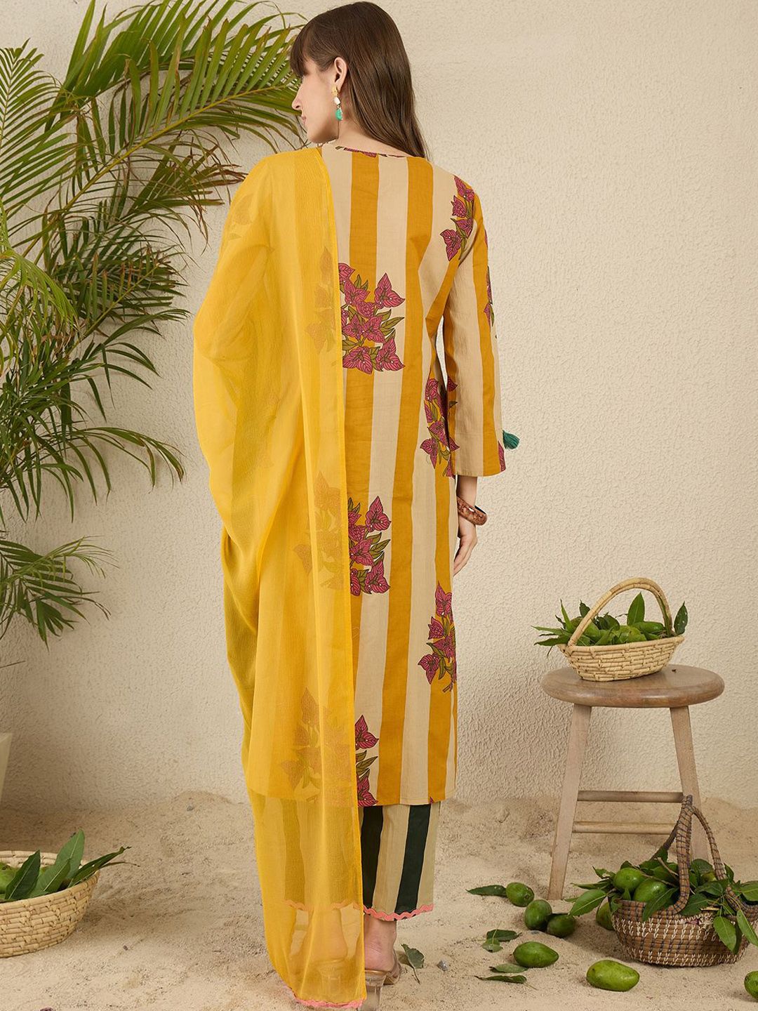 Dhiyona IE Women Tribal Striped Regular Pure Cotton Kurtas & Trousers With Dupatta
