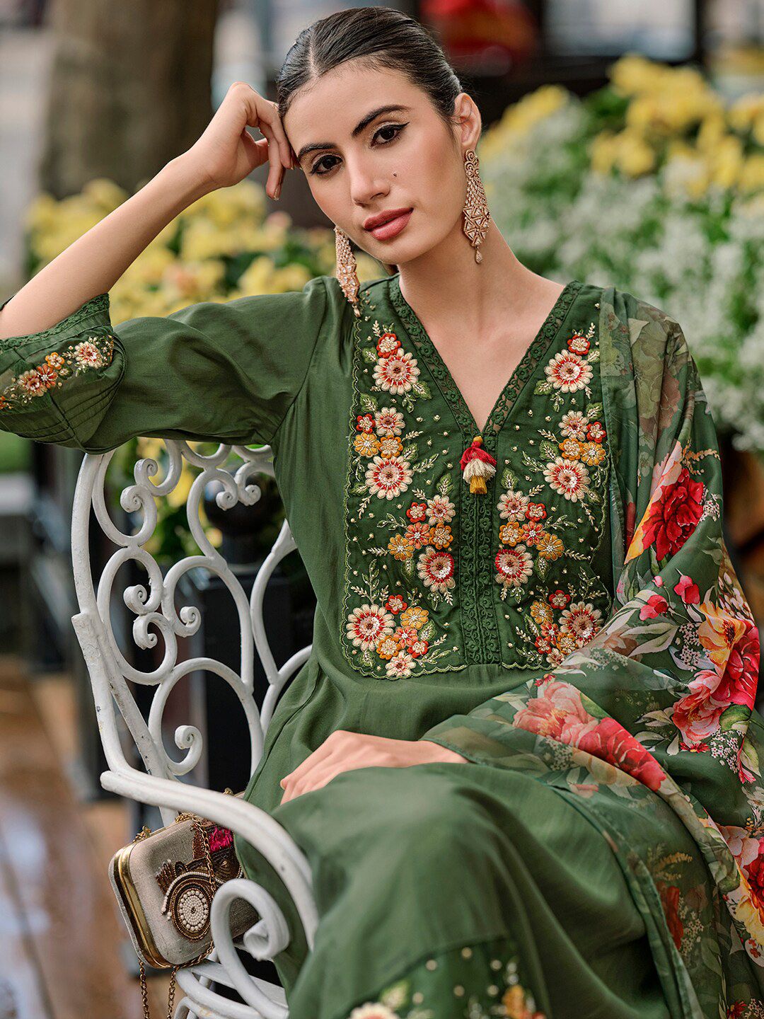 Floral Yoke Design Thread Work A-Line Kurta With Trousers & Dupatta
