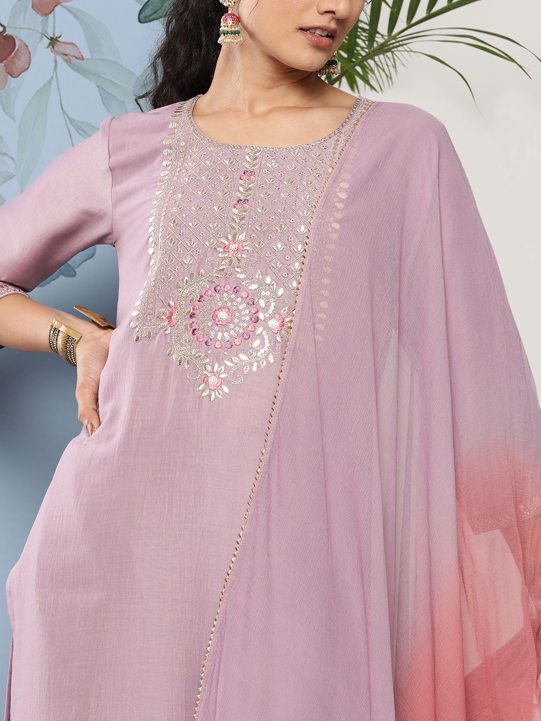 Dhiyona VA Women's Floral Embroidered Sequinned Kurta With Trousers & Dupatta