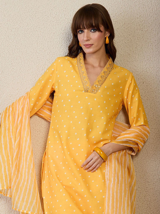 Dhiyona IE Bandhani Printed Straight Kurta With Trouser & Dupatta