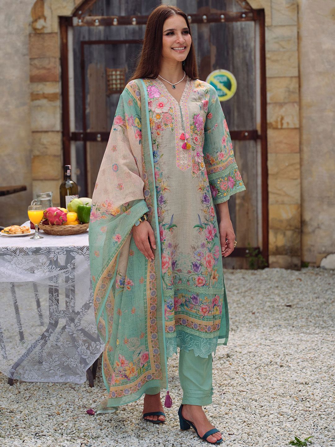 Floral Embroidered Beads and Stones Straight Kurta With Trousers & Dupatta