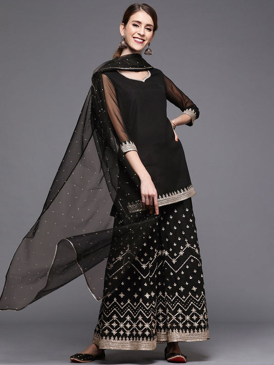 Dhiyona IN Women Black Georgette Kurti with Embroidered Sharara & Dupatta