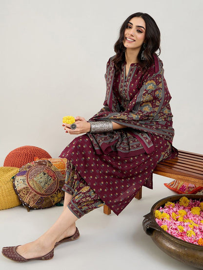 Dhiyona IE Burgundy Floral Printed Mandarin Collar Pure Cotton Kurta with Salwar & Dupatta