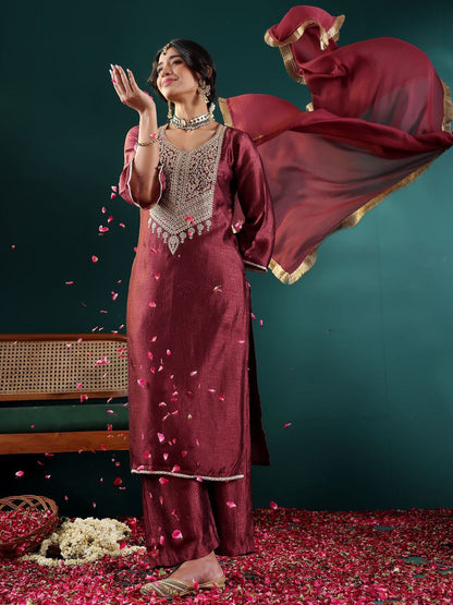 Dhiyona VA Women's Ethnic Motifs Embroidered Regular Thread Work Kurta with Palazzos & With Dupatta