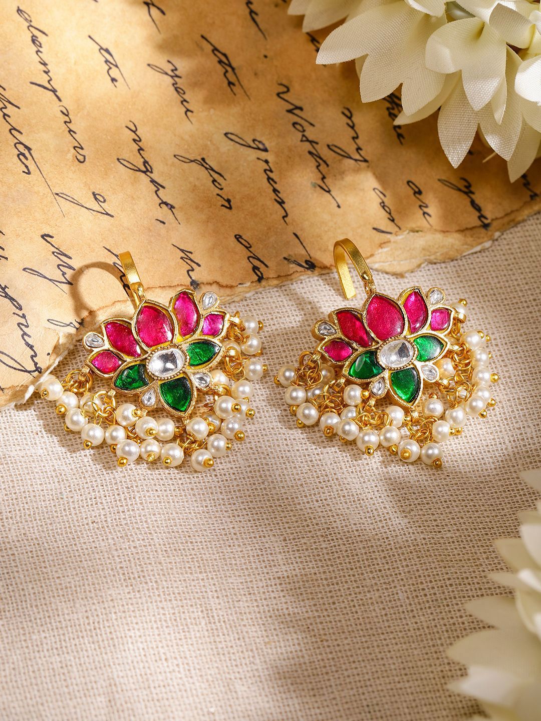 Dhiyona RJ Women's 22K Gold-Plated Ruby, Emerald & White Kundan Lotus Design Ear Cuff