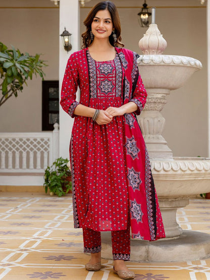 Ethnic Motifs Printed A Line Pure Cotton Kurta With Trousers & Dupatta