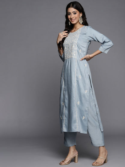 Dhiyona VA Women's Grey Ethnic Motifs Embroidered Panelled Kurta with Trousers & Dupatta