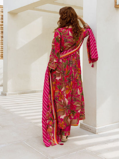 Dhiyona IS Women's Floral Printed Pure Cotton Thread work Anarkali Kurta With Palazzos And Dupatta