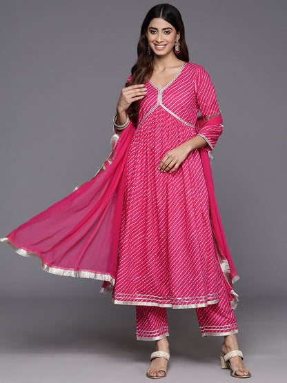 Dhiyona VA Women's Leheriya Printed Empire Gotta Patti Pure Cotton Kurta with Trousers & With Dupatta