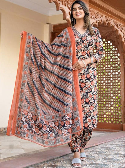 Dhiyona VA Women'sFloral Embellished Kurta Paired With Afghani Trousers & Dupatta