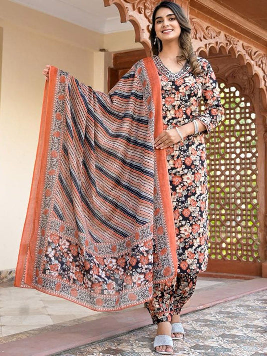 Dhiyona VA Women'sFloral Embellished Kurta Paired With Afghani Trousers & Dupatta