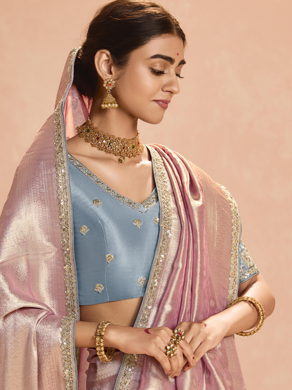 Dhiyona KM Women Blush Pink Kanjivaram Silk Saree With Elegant Blue Embroidered Blouse “ Subtle Glamour