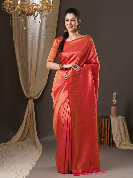 Women's Georgette Pink Woven Design Woven saree With Blouse Piece
