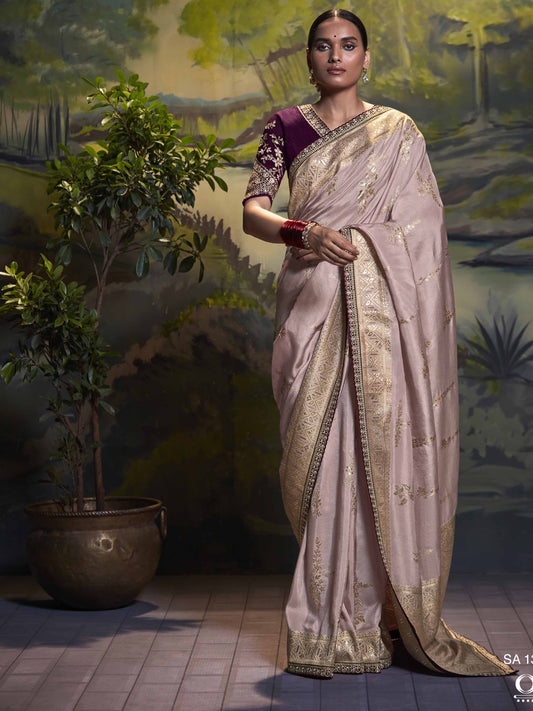 Dhiyona KM Women Rose Pink Pure Dola Silk Floral Saree