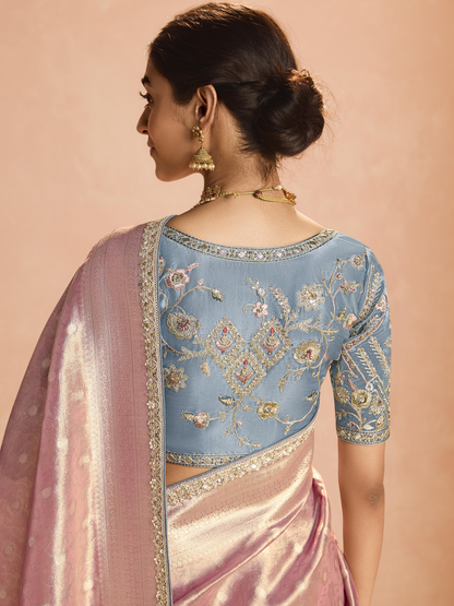 Dhiyona KM Women Blush Pink Kanjivaram Silk Saree With Elegant Blue Embroidered Blouse “ Subtle Glamour