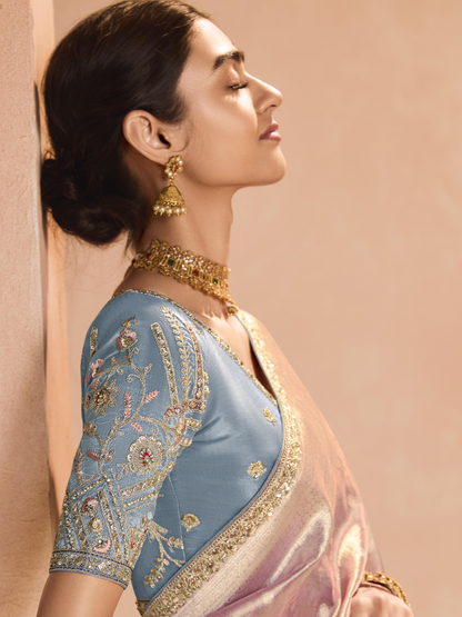 Dhiyona KM Women Blush Pink Kanjivaram Silk Saree With Elegant Blue Embroidered Blouse “ Subtle Glamour