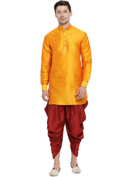 Men's Orange Silk Blend Pathani Kurta and Dhoti Set