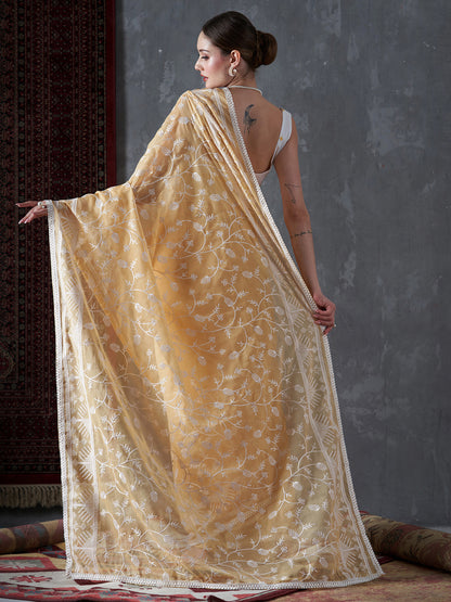 Women's Organza Yellow Embellished Designer Saree With Blouse Piece