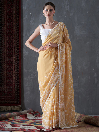 Women's Organza Yellow Embellished Designer Saree With Blouse Piece