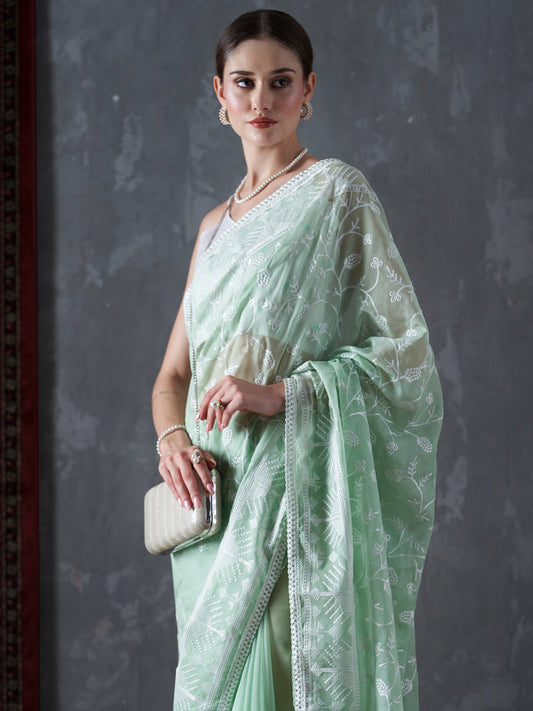 Women's Organza Sea Green Embellished Designer Saree With Blouse Piece
