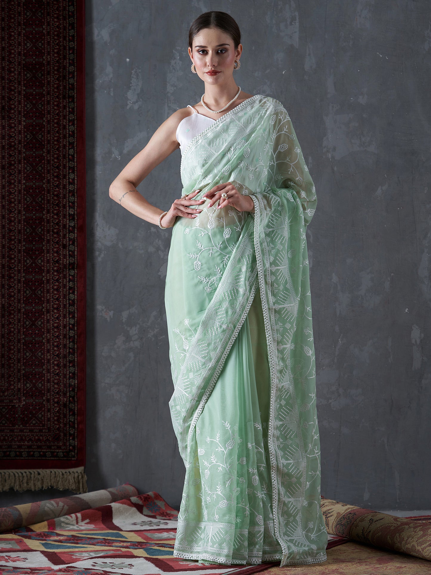 Women's Organza Sea Green Embellished Designer Saree With Blouse Piece