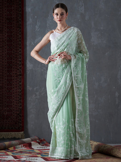 Women's Organza Sea Green Embellished Designer Saree With Blouse Piece