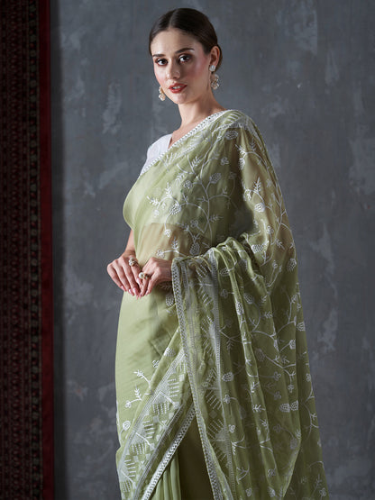 Women's Organza Olive Embellished Designer Saree With Blouse Piece