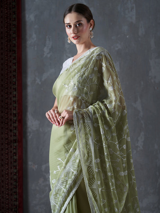 Women's Organza Olive Embellished Designer Saree With Blouse Piece