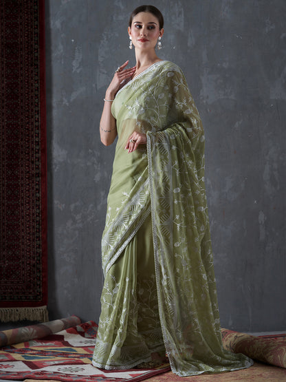 Women's Organza Olive Embellished Designer Saree With Blouse Piece