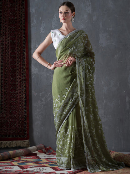 Women's Organza Olive Embellished Designer Saree With Blouse Piece